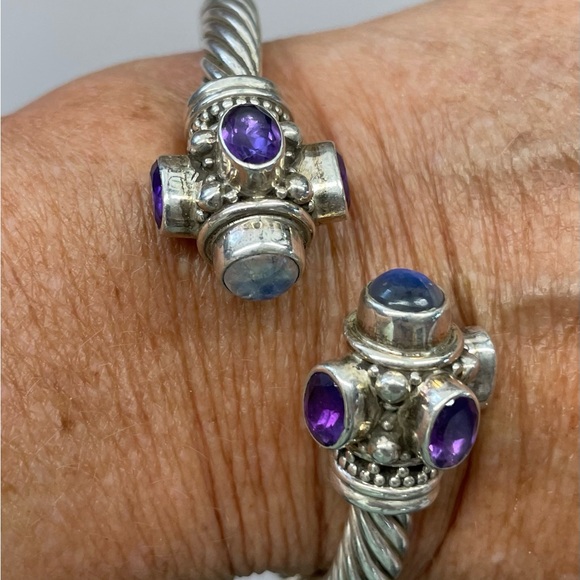 Sterling Silver Moonstone and Amethyst Open Bangle - Picture 4 of 5